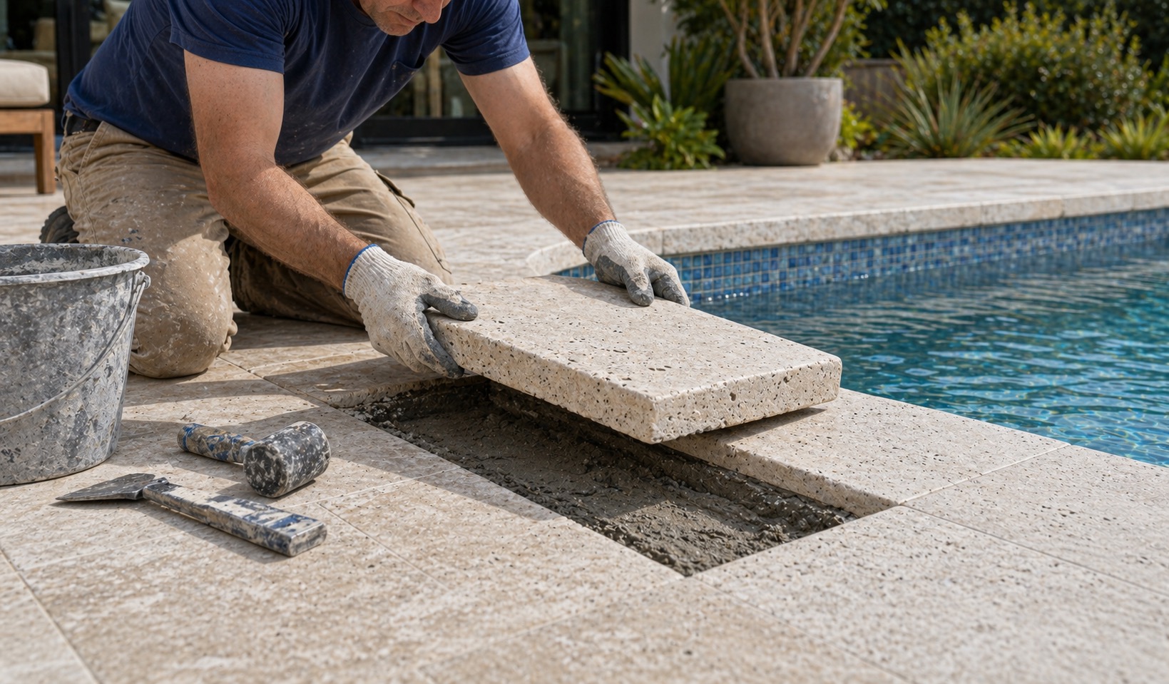 Installer lifting and resetting a loose travertine coping piece beside a pool
