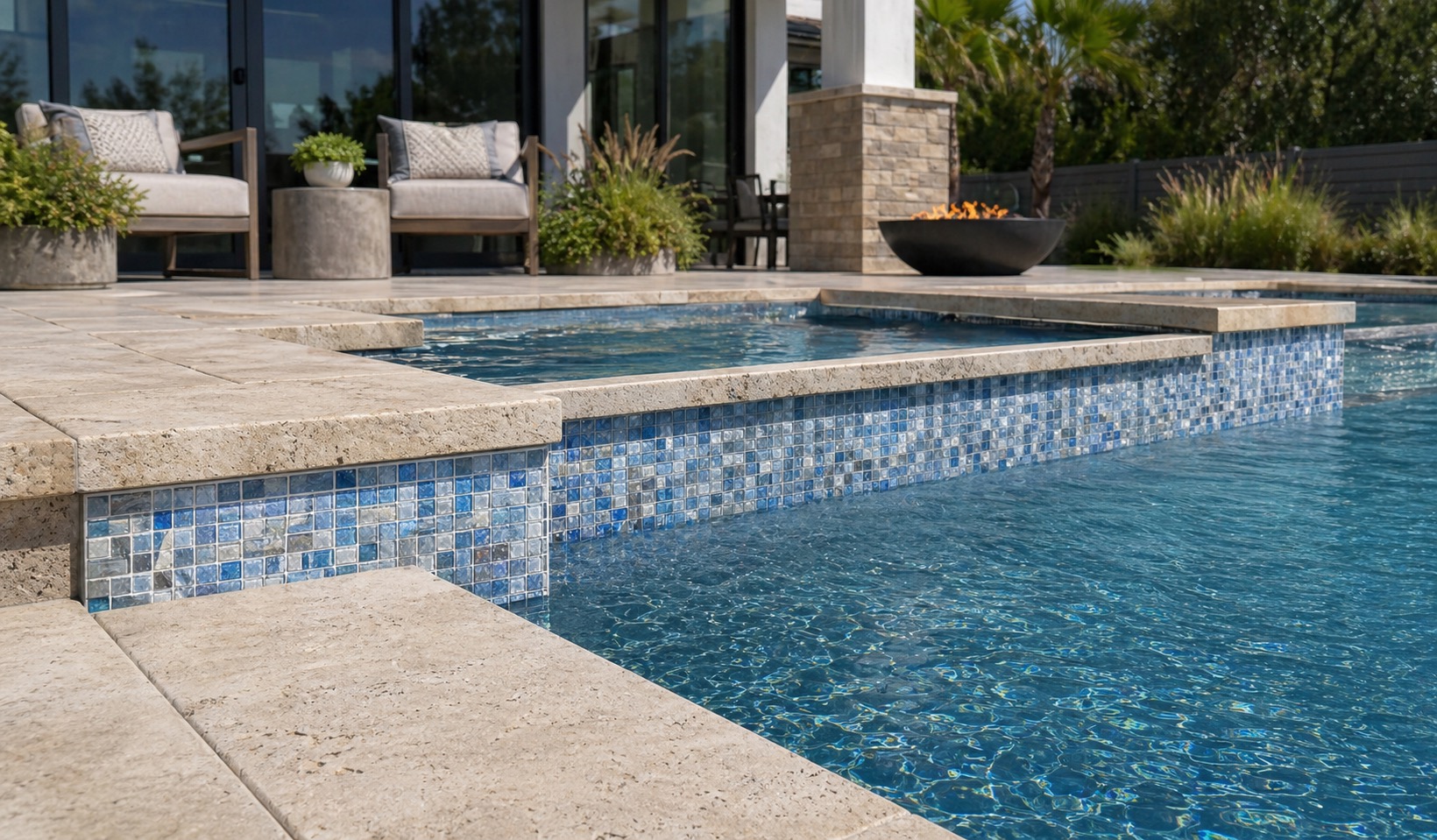 2026 Resort-Style Edges: Pairing Travertine Coping With Glass Pool Tile and Contemporary Layouts