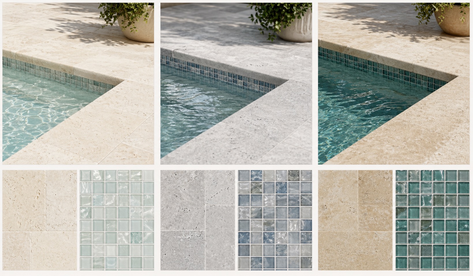 Moodboard-style comparison of ivory, silver, and warm travertine coping paired with different glass tile tones