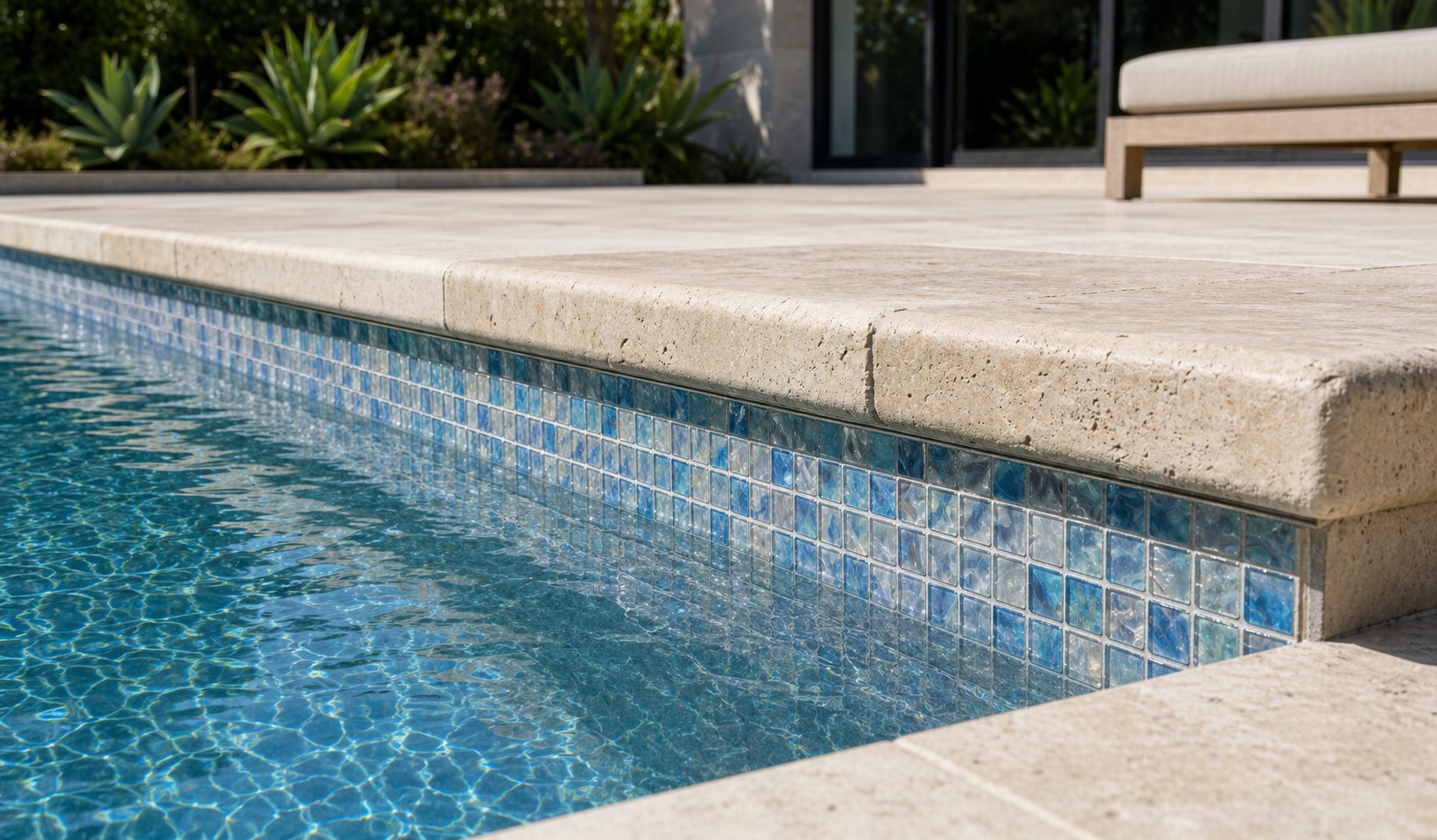Close view of glass waterline tile meeting eased-edge travertine coping on a rectangular pool
