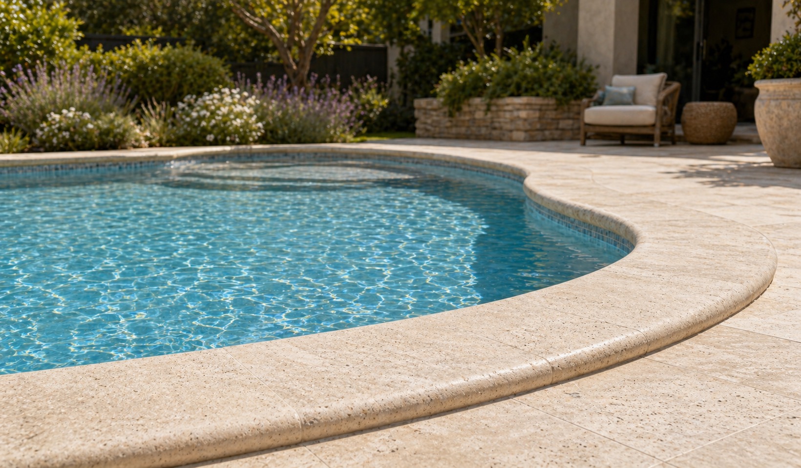 Bullnose travertine coping on a family-style backyard pool with rounded transitions