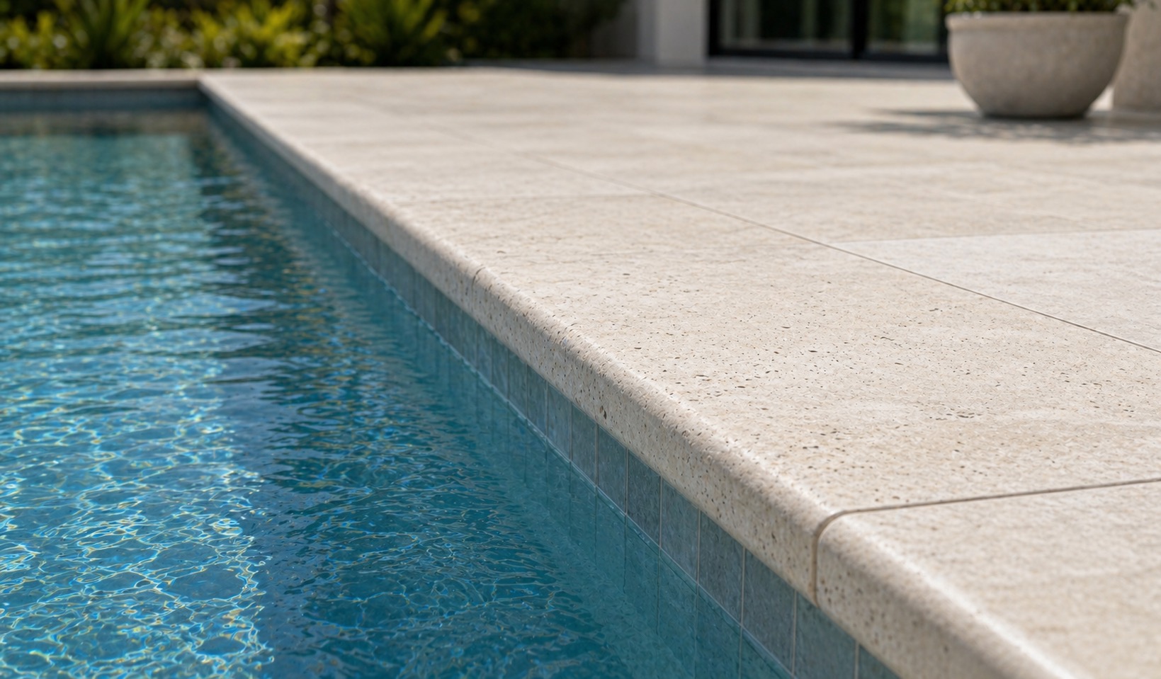 Close-up of eased-edge travertine coping meeting a modern pool deck
