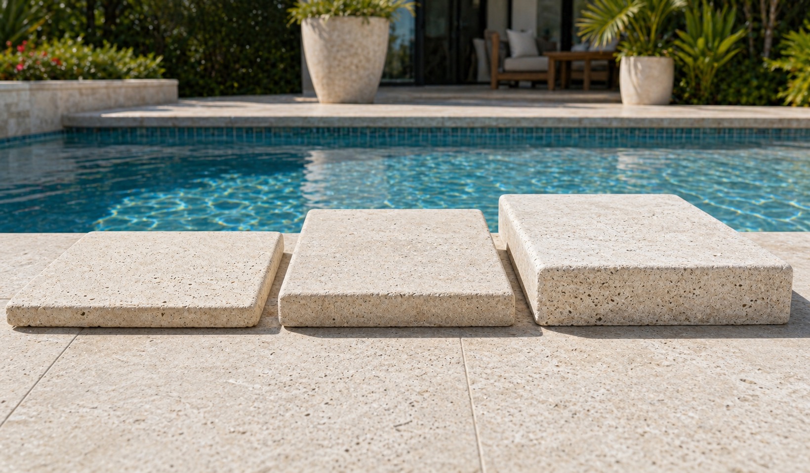 Comparison of three travertine coping thicknesses lined up beside a pool edge