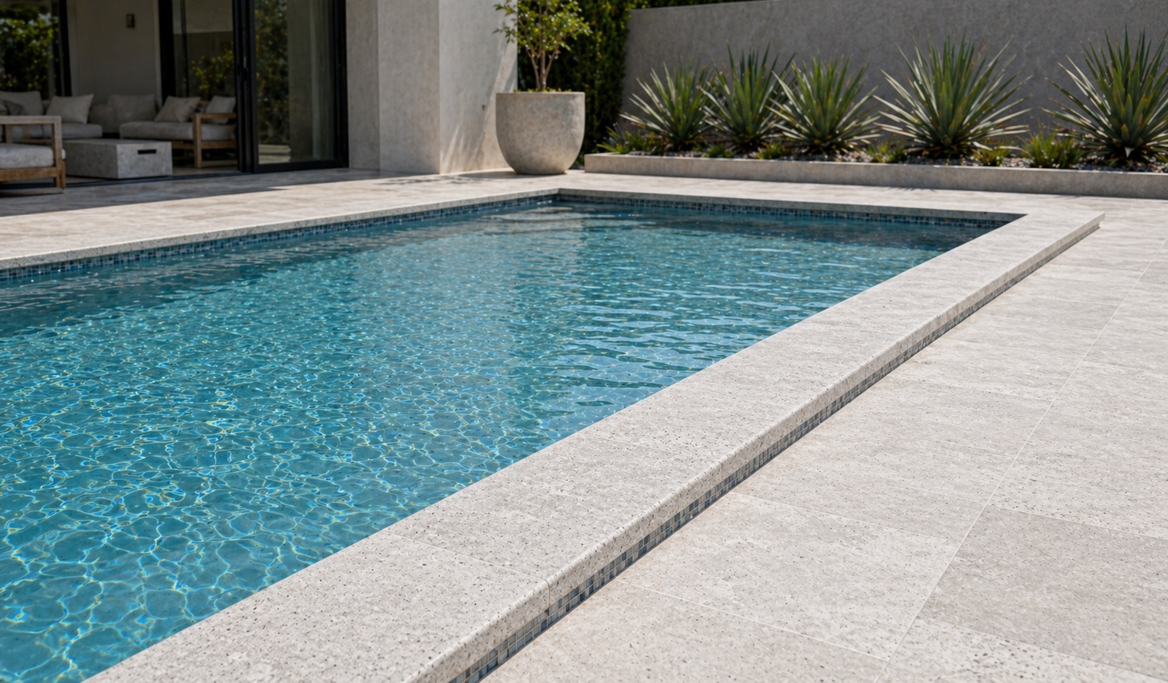 Long straight run of travertine coping framing a minimalist pool with subtle landscaping