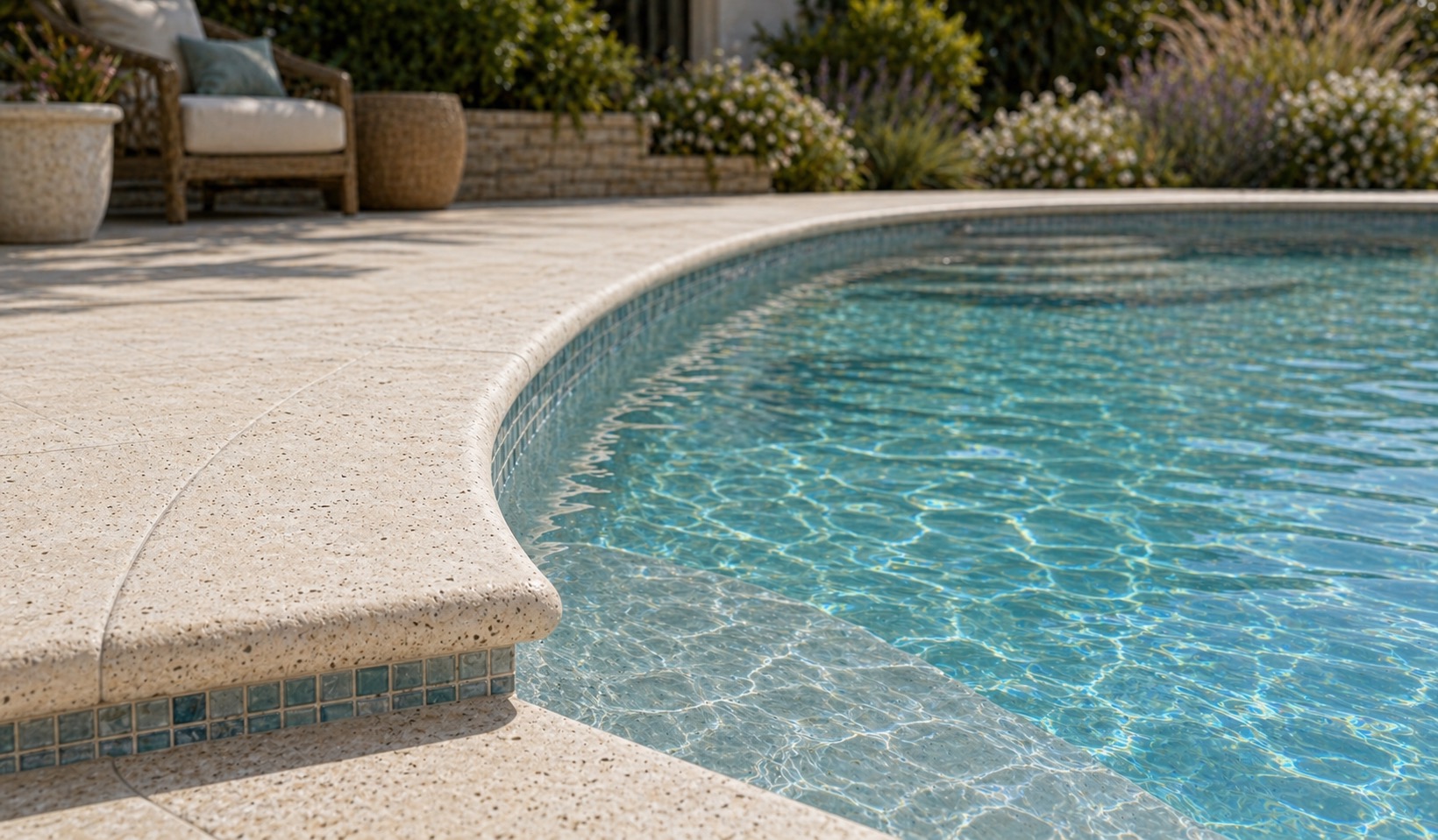 Ivory bullnose travertine coping on a bright backyard pool with soft landscaping
