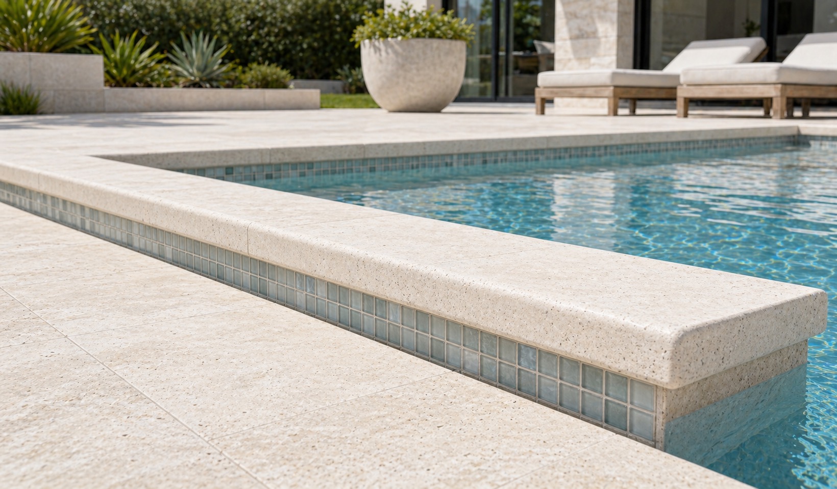 Cleaner ivory travertine coping profile on a modern backyard pool with pale paving