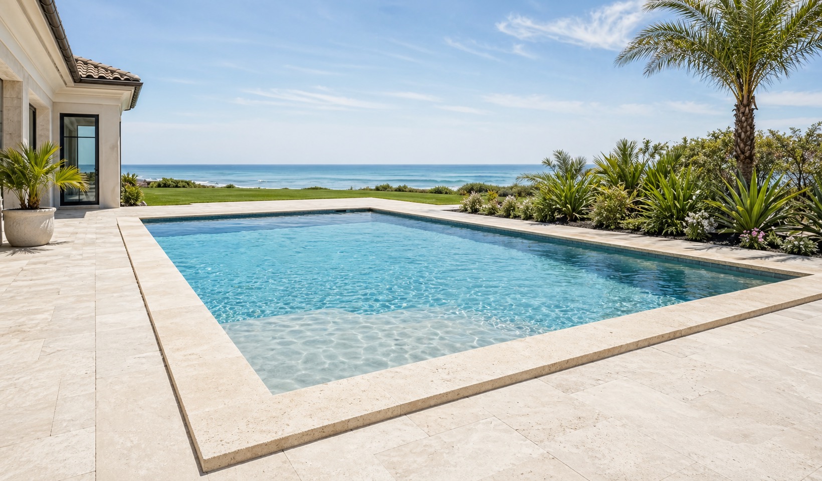 Ivory travertine coping around a bright pool with pale deck pavers and blue water
