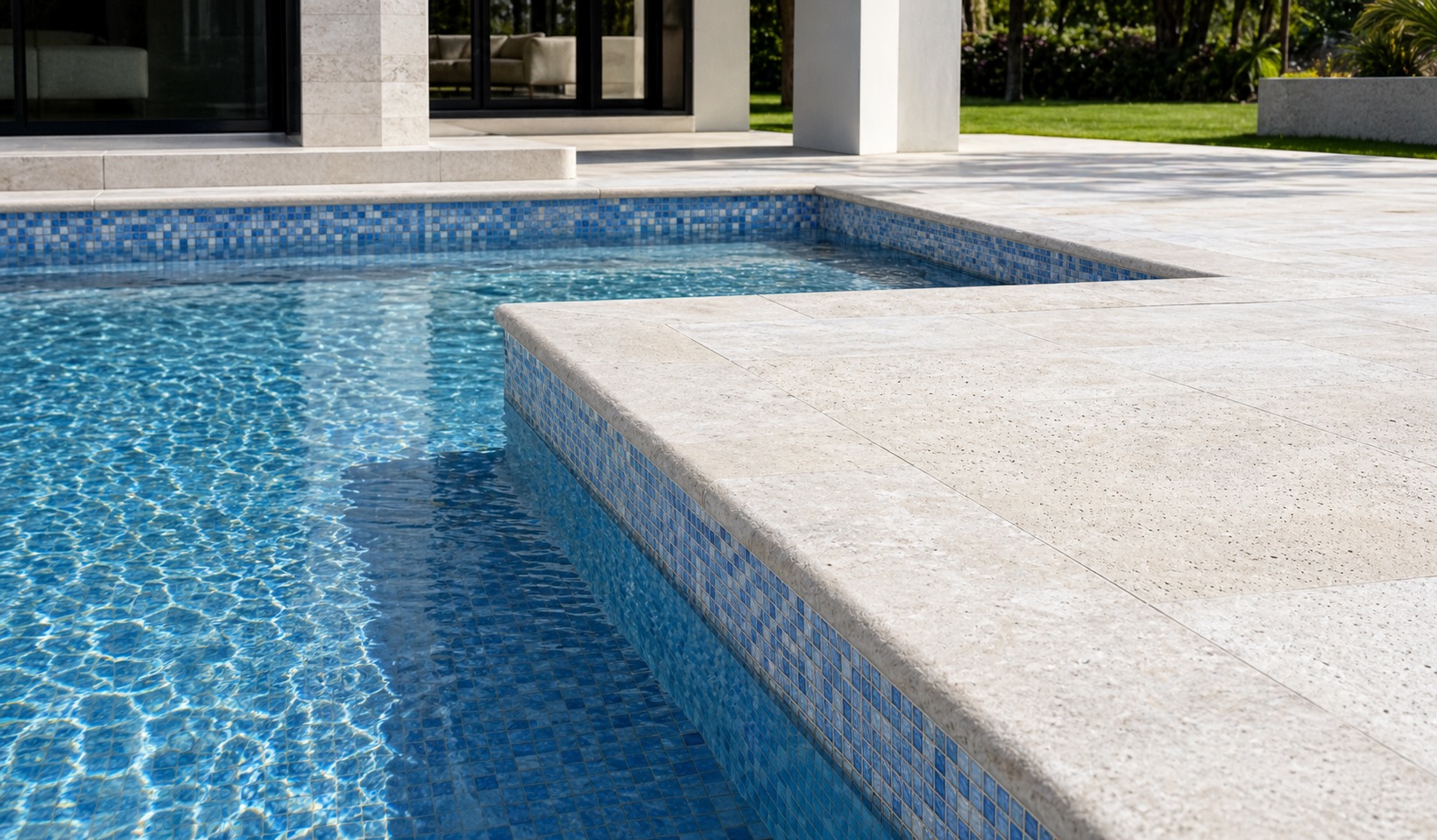 Silver travertine coping paired with glass tile on a modern rectangular pool
