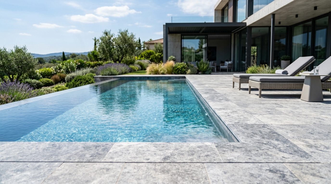 Silver travertine edge with bullnose